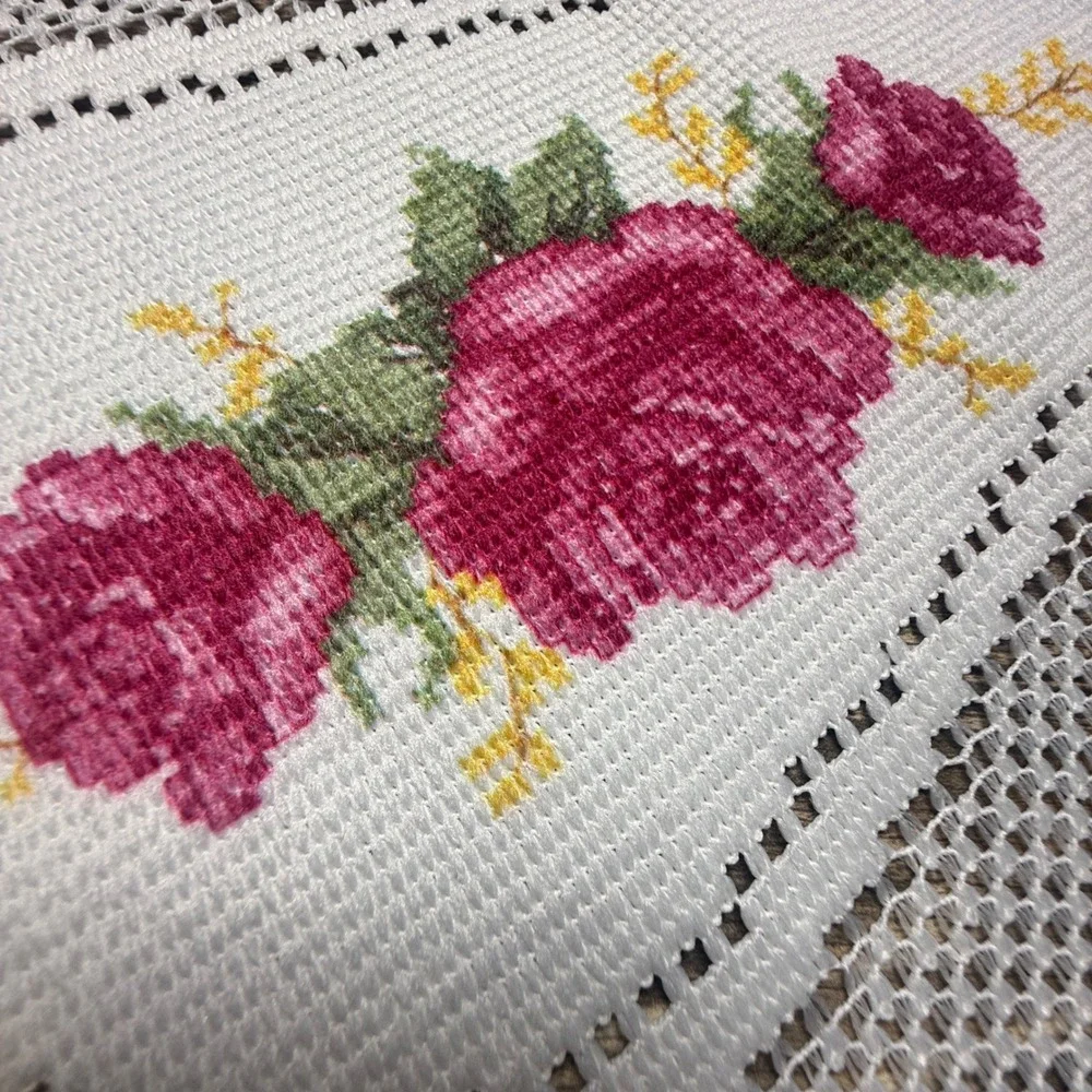 Vintage White Lace Table Runner Pink Rose Cross Stitch Floral Scalloped 46x16